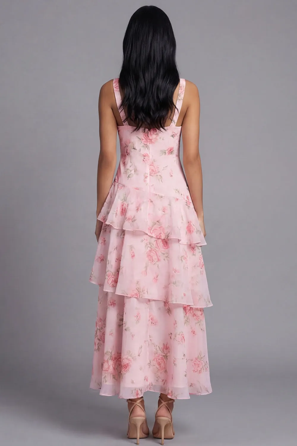 Floral Pink Tiered A Line V Neck Wedding Guest Dress sold by Wedtrend product image thumbnail 2
