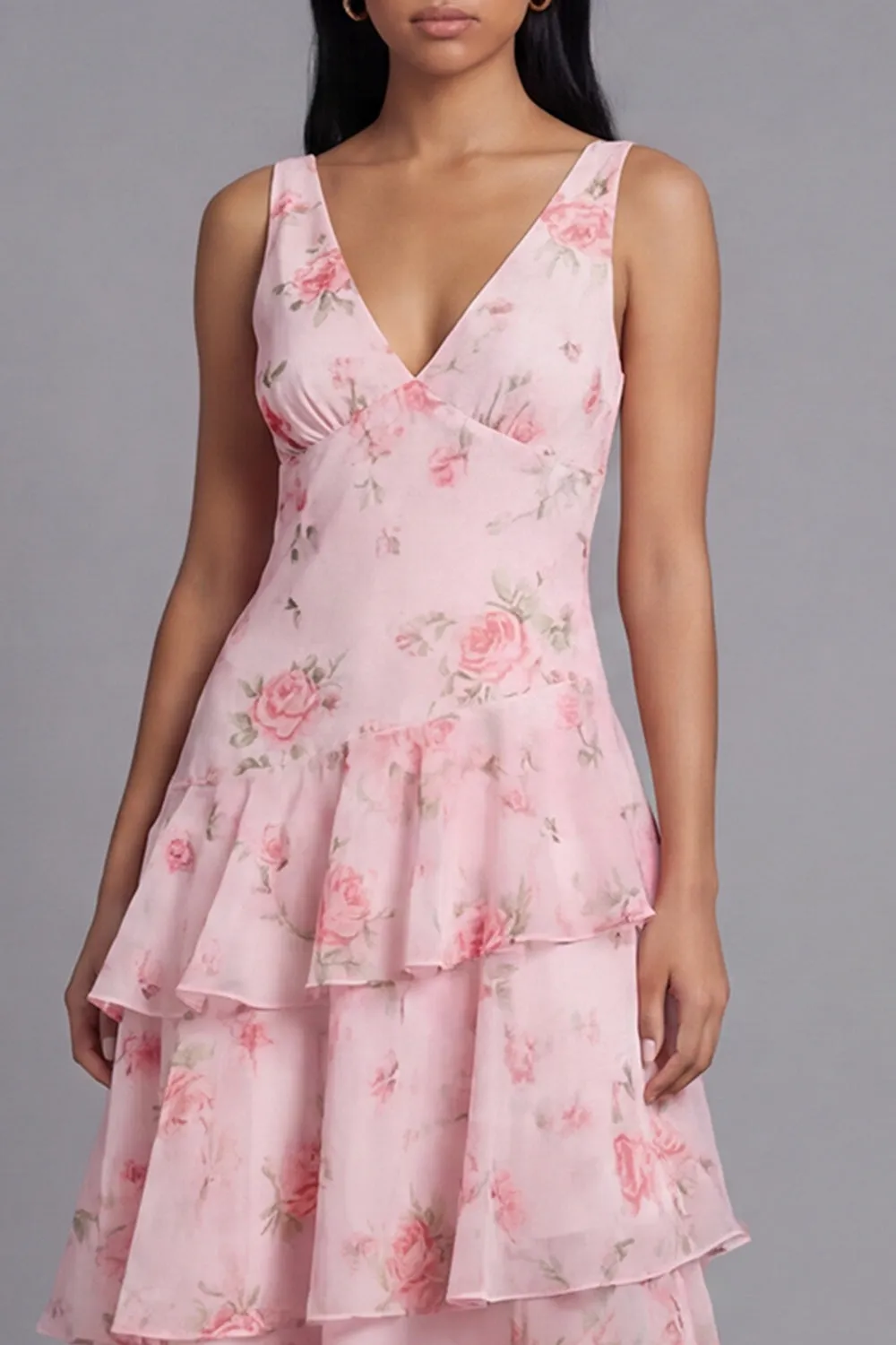 Floral Pink Tiered A Line V Neck Wedding Guest Dress sold by Wedtrend product image thumbnail 3