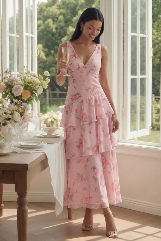 Floral Pink Tiered A Line V Neck Wedding Guest Dress made by Wedtrend