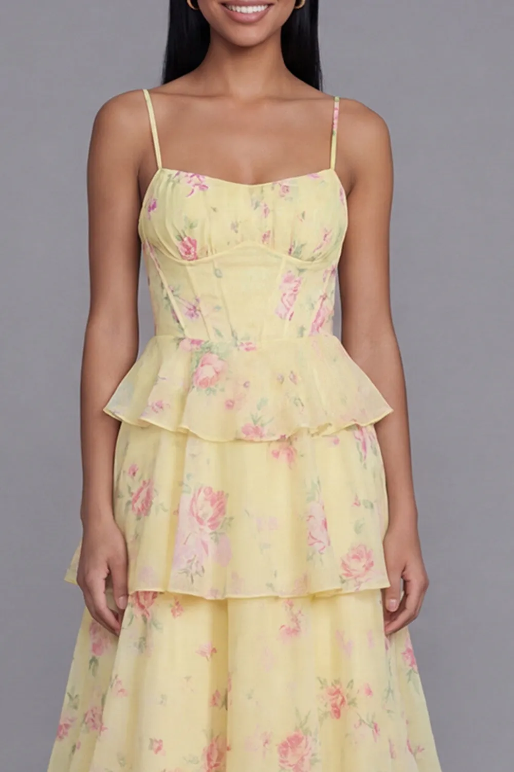Tiered Corset A Line Floral Yellow Wedding Guest Dress sold by Wedtrend product image thumbnail 3