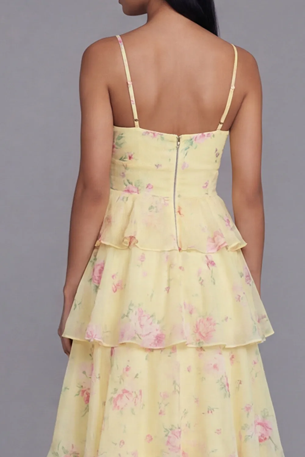 Tiered Corset A Line Floral Yellow Wedding Guest Dress sold by Wedtrend product image thumbnail 4