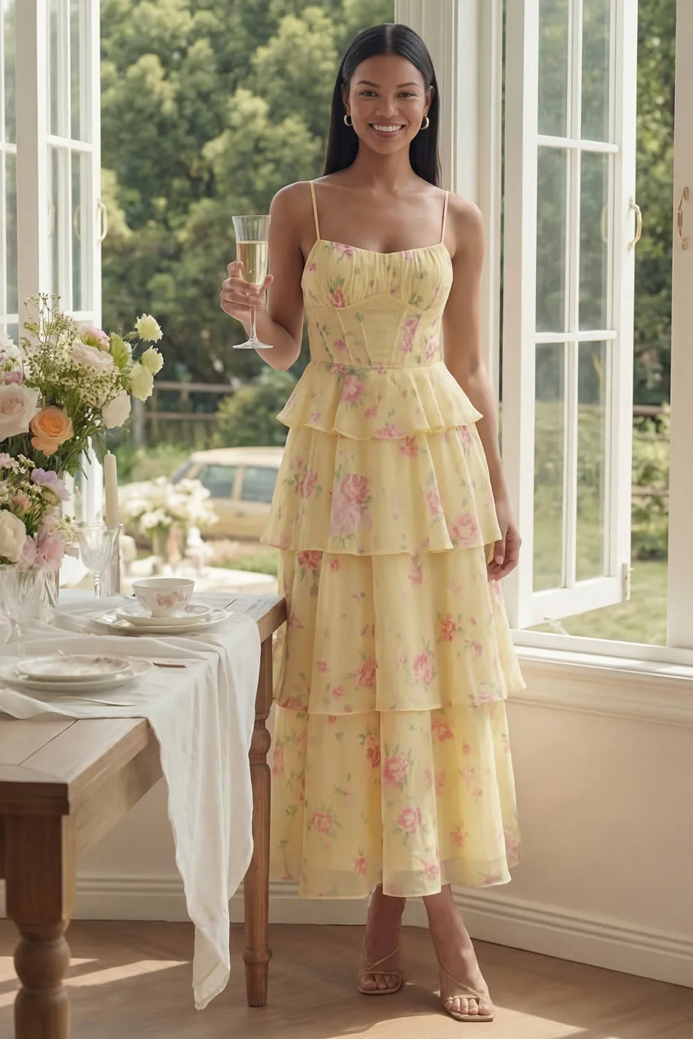 Tiered Corset A Line Floral Yellow Wedding Guest Dress sold by Wedtrend