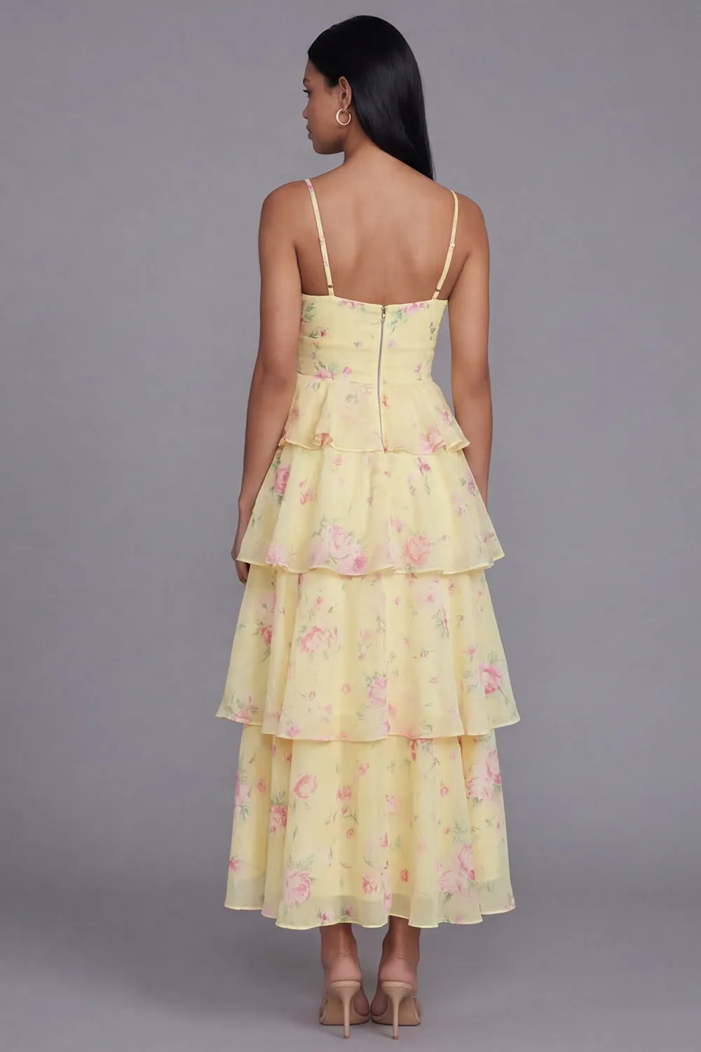 Tiered Corset A Line Floral Yellow Wedding Guest Dress sold by Wedtrend product image thumbnail 2