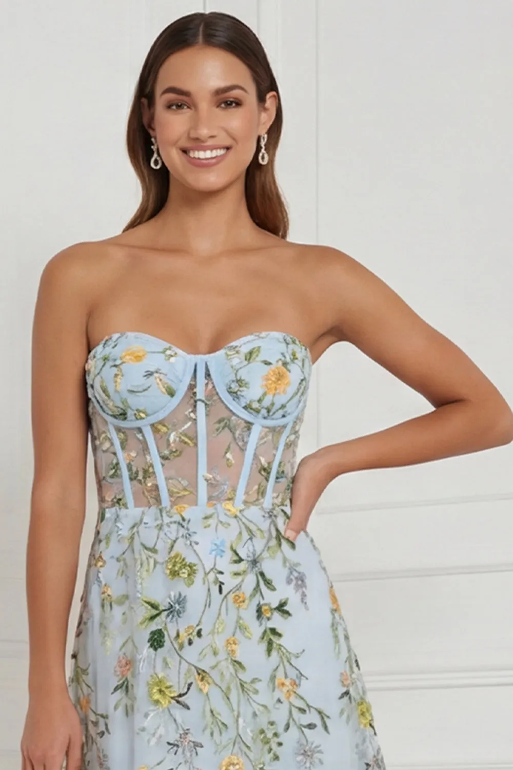 Floral Blue Strapless A Line Corset Midi Wedding Guest Dress sold by Wedtrend product image thumbnail 4