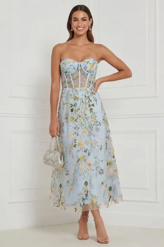 Floral Blue Strapless A Line Corset Midi Wedding Guest Dress made by Wedtrend