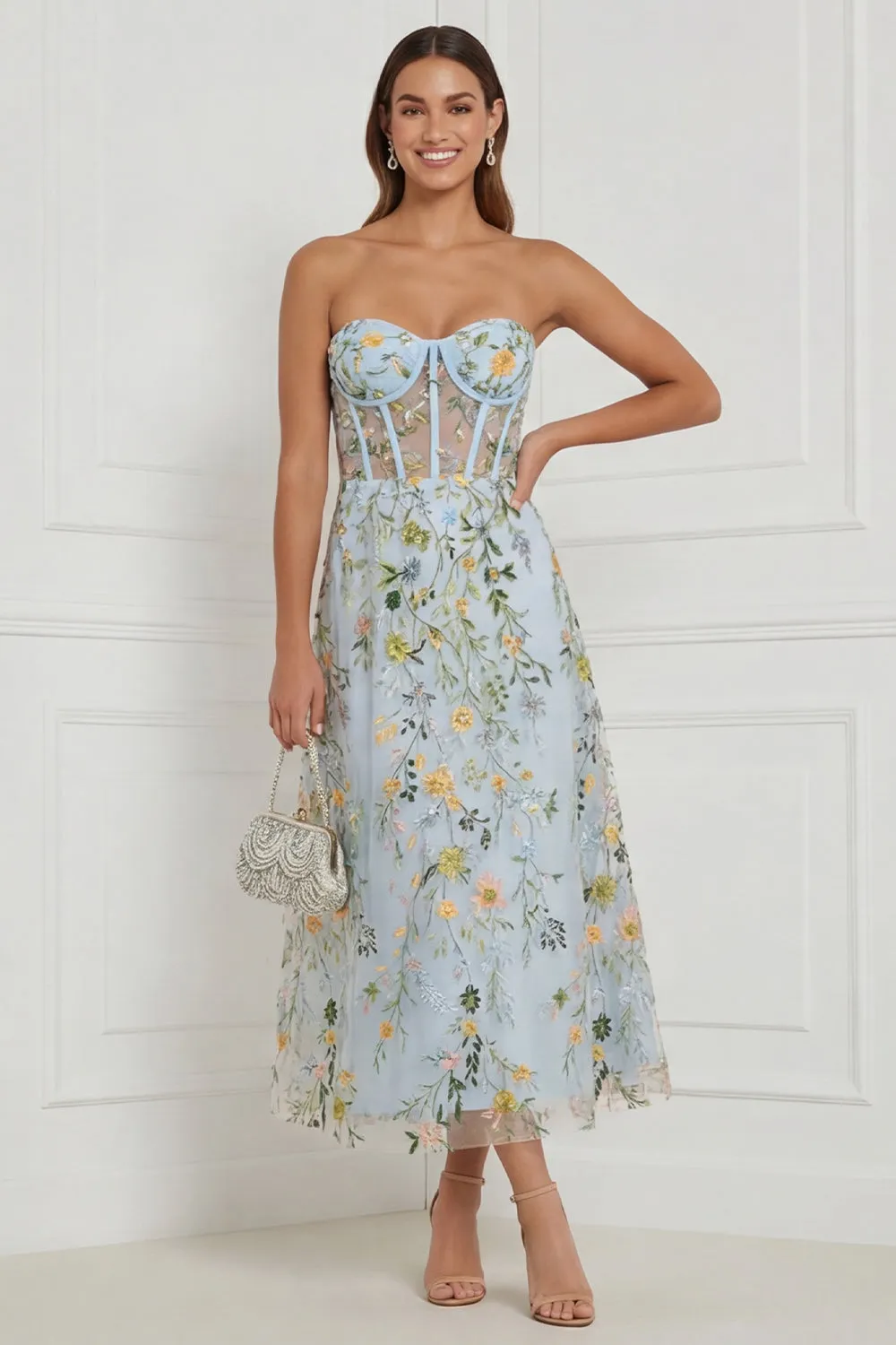 Floral Blue Strapless A Line Corset Midi Wedding Guest Dress sold by Wedtrend