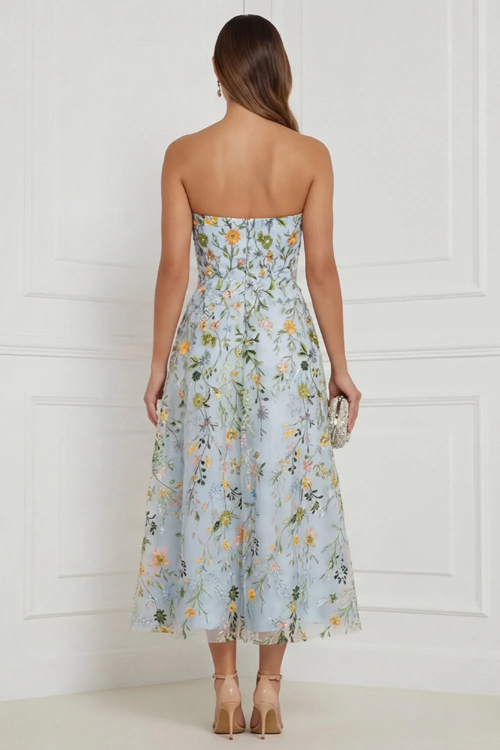 Floral Blue Strapless A Line Corset Midi Wedding Guest Dress sold by Wedtrend product image thumbnail 2