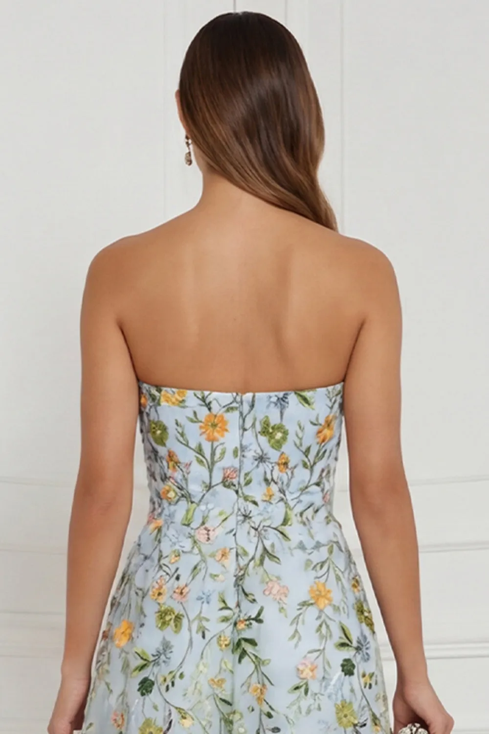 Floral Blue Strapless A Line Corset Midi Wedding Guest Dress sold by Wedtrend product image thumbnail 5