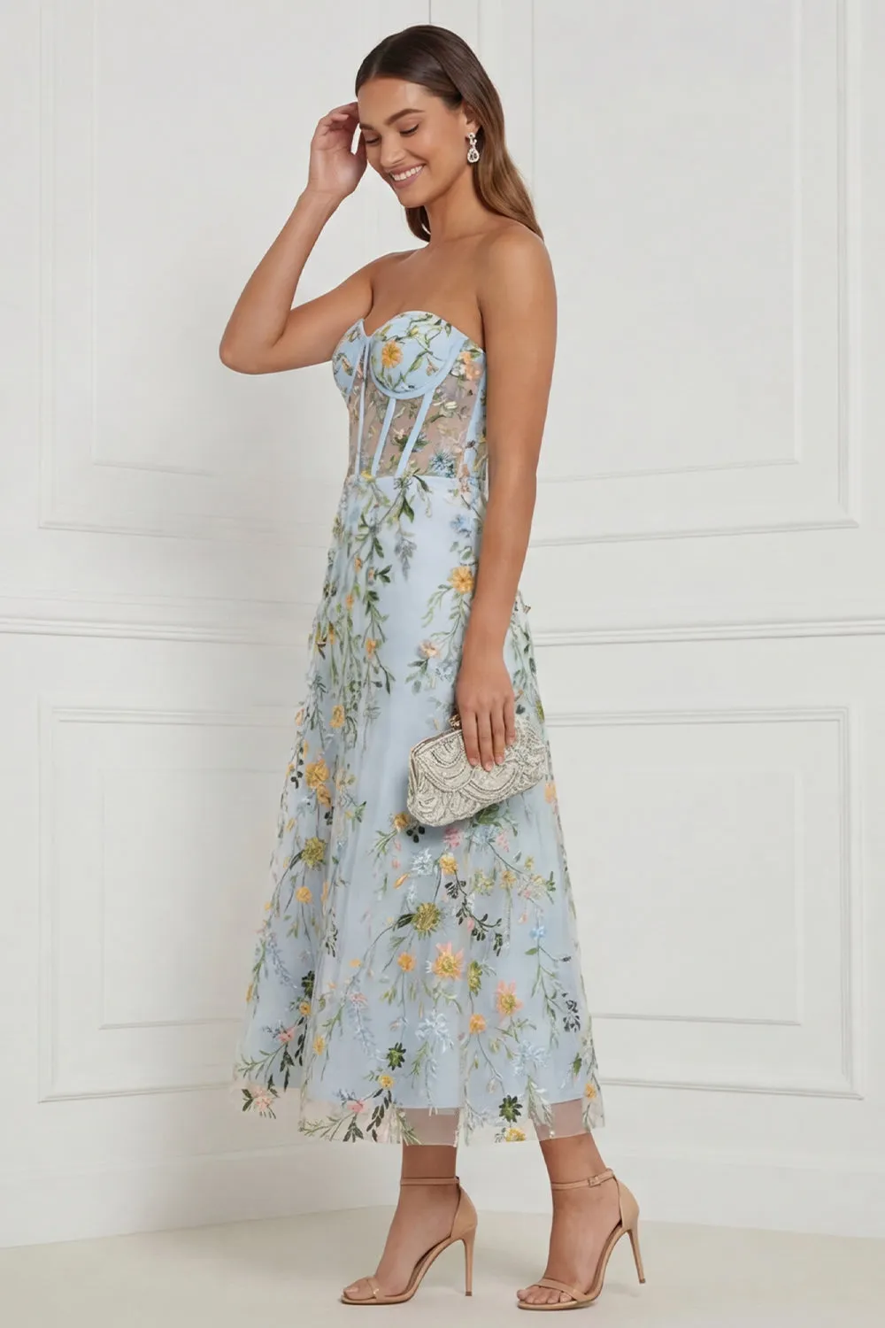 Floral Blue Strapless A Line Corset Midi Wedding Guest Dress sold by Wedtrend product image thumbnail 3