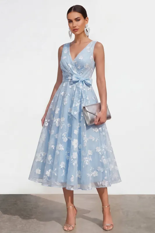 Blue Floral A Line Midi Wedding Guest Dress with Bow made by Wedtrend