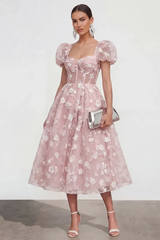 Floral Pink Puff Sleeve A Line Corset Wedding Guest Dress made by Wedtrend