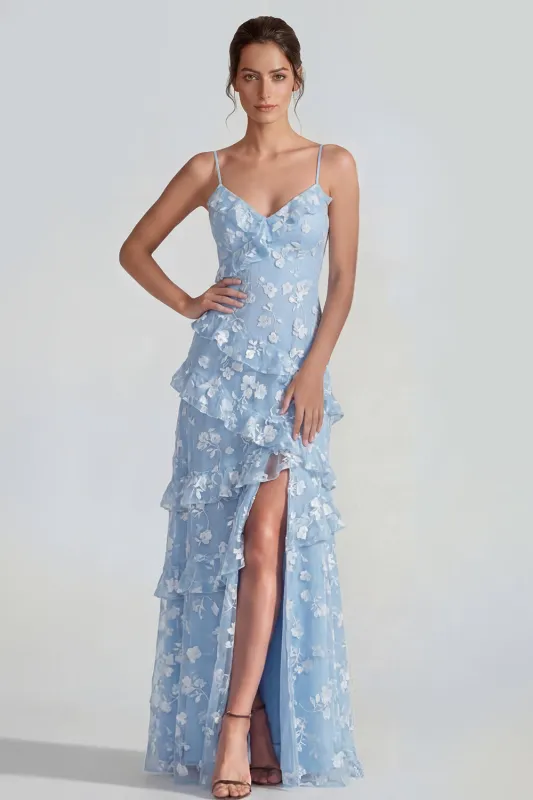 Blue Floral A Line Ruffled Maxi Wedding Guest Dress made by Wedtrend