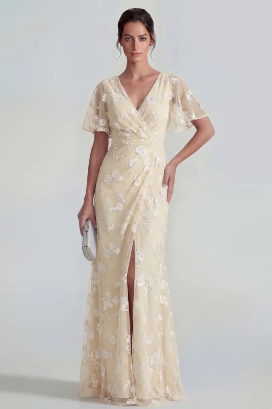 Floral Mermaid Ruched Short Sleeve Apricot Wedding Guest Dress made by Wedtrend