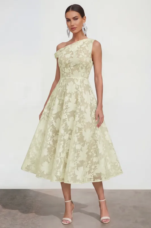 Floral Yellow Asymmetrical Neck A Line Wedding Guest Dress made by Wedtrend