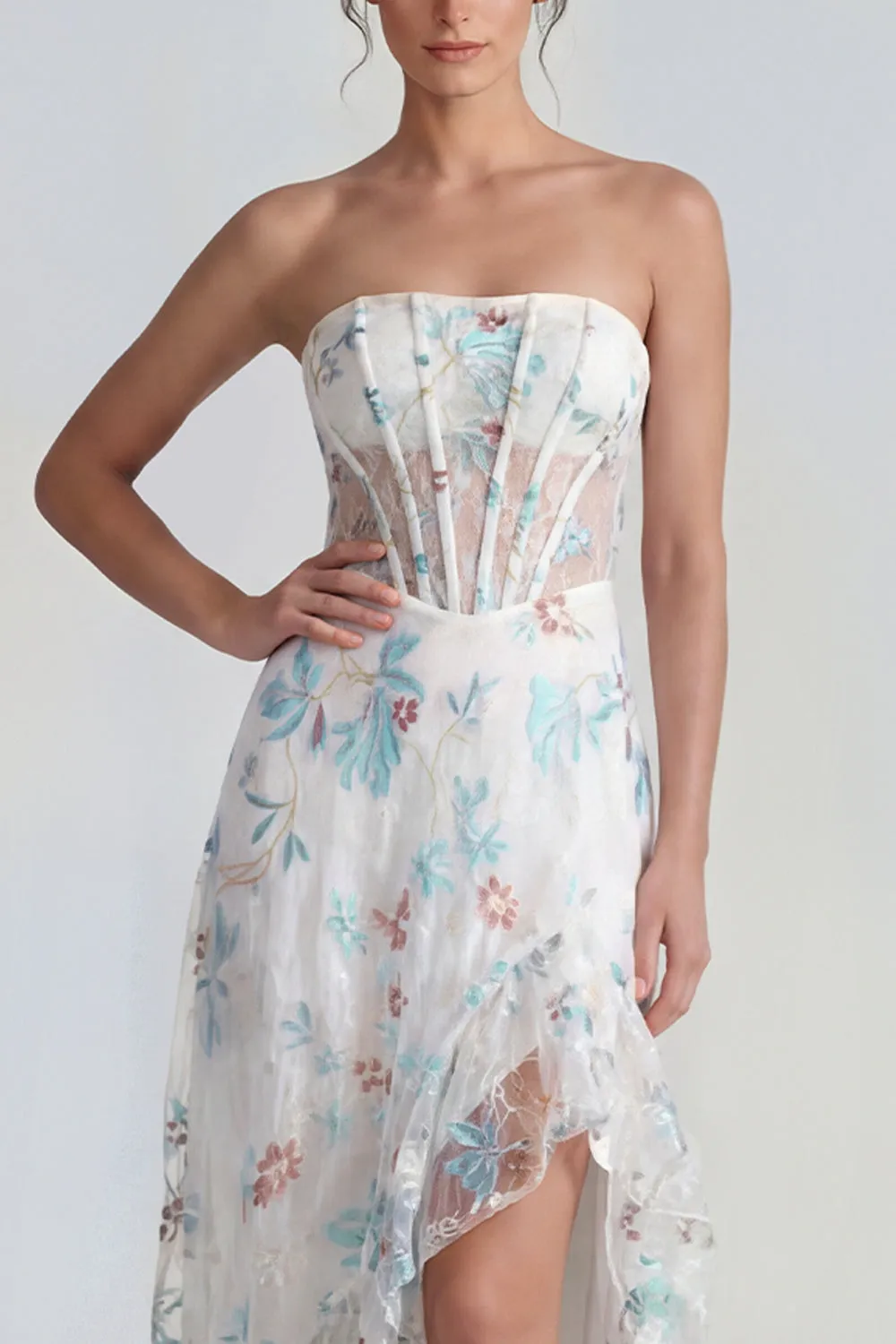 Strapless A Line White Floral Corset Wedding Guest Dress sold by Wedtrend product image thumbnail 3