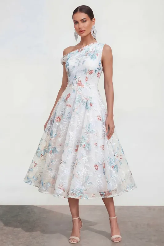 Asymmetrical Neck A Line White Floral Wedding Guest Dress made by Wedtrend