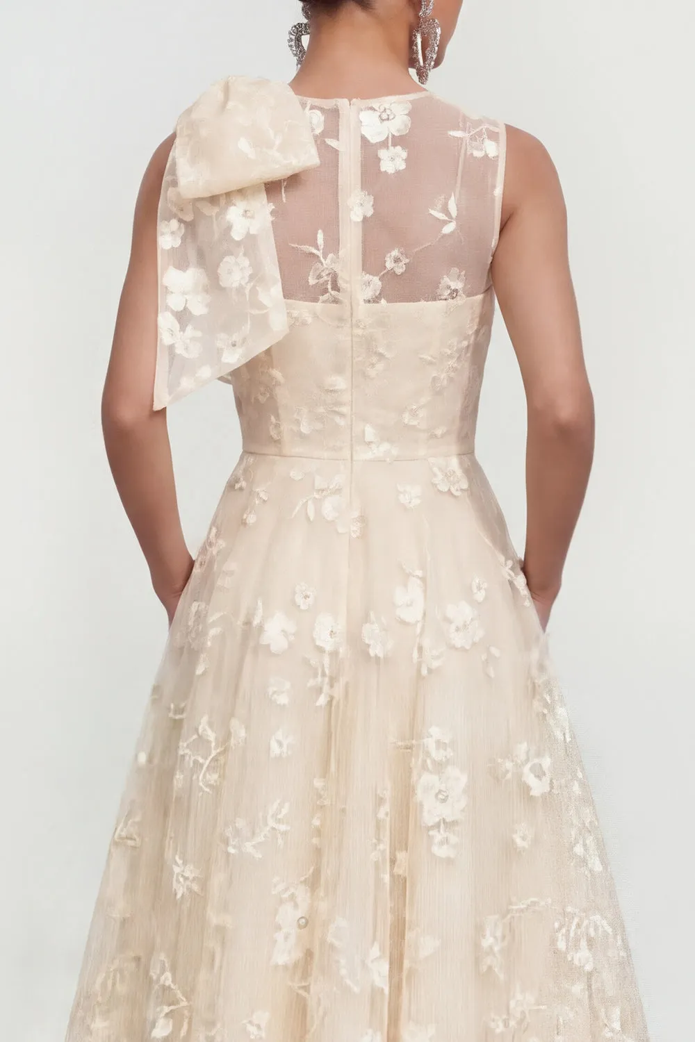 Floral Apricot A Line Bowed Midi Wedding Guest Dress sold by Wedtrend product image thumbnail 4