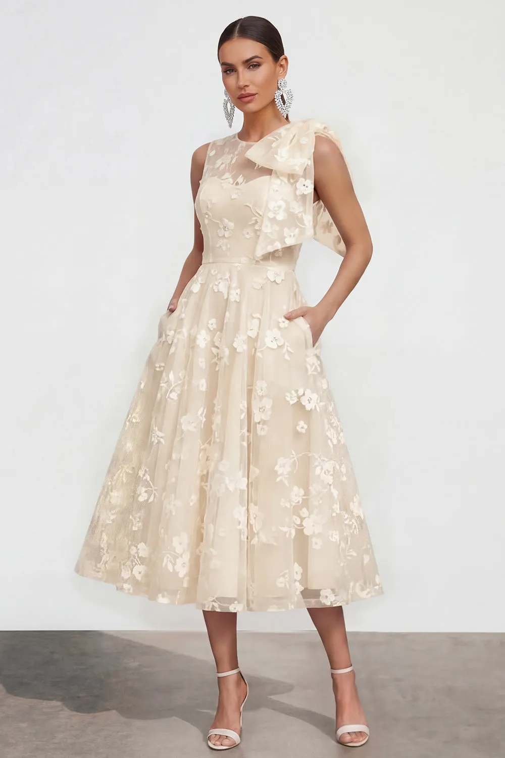 Floral Apricot A Line Bowed Midi Wedding Guest Dress sold by Wedtrend
