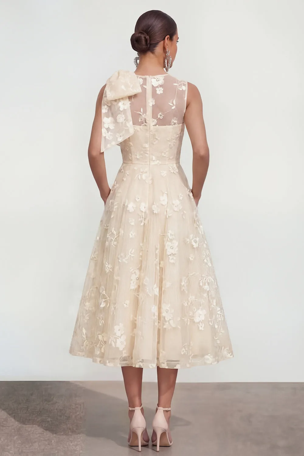 Floral Apricot A Line Bowed Midi Wedding Guest Dress sold by Wedtrend product image thumbnail 2