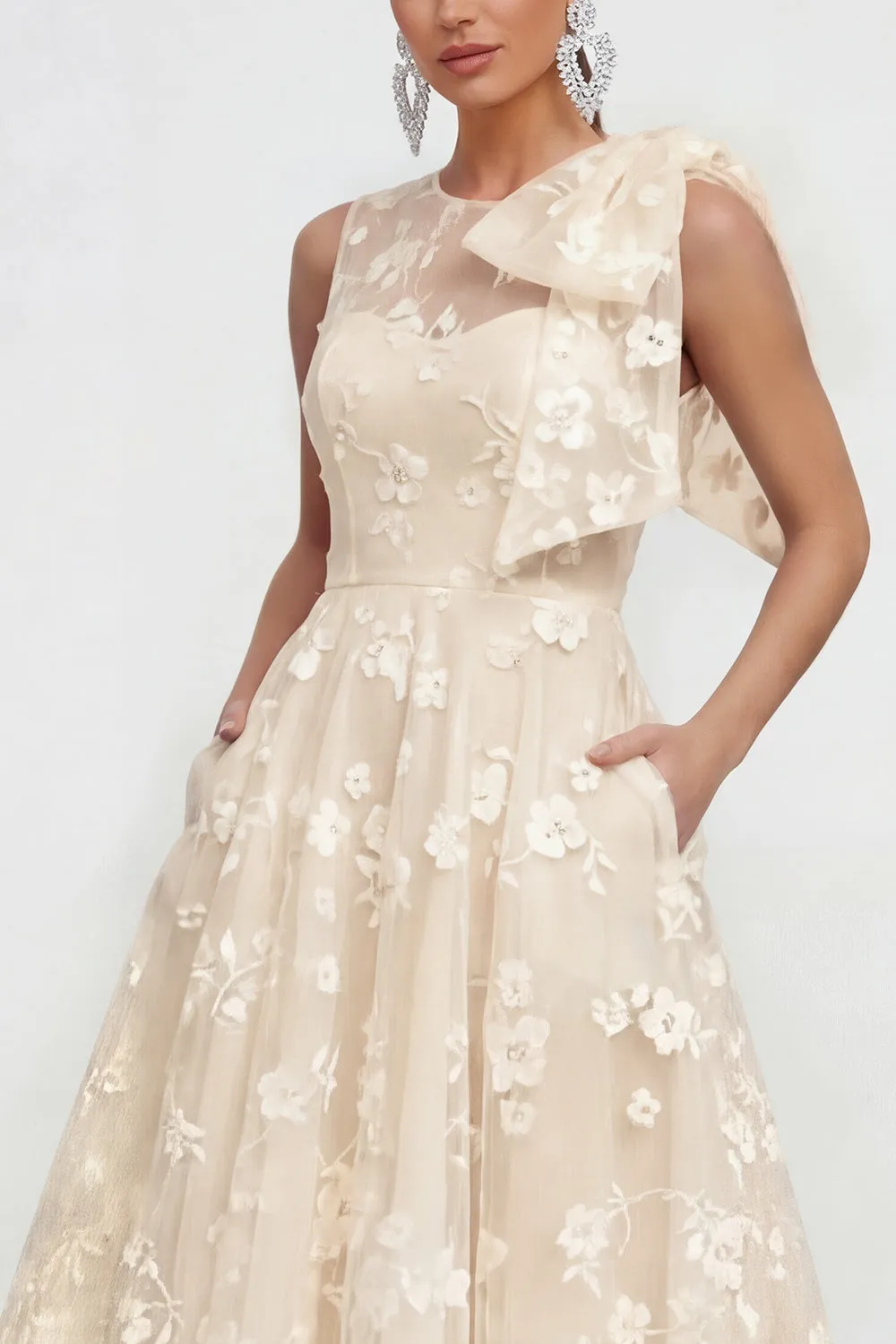 Floral Apricot A Line Bowed Midi Wedding Guest Dress sold by Wedtrend product image thumbnail 3