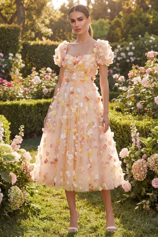 Floral Champagne A Line Midi Wedding Guest Dress with Puff Sleeves made by Wedtrend