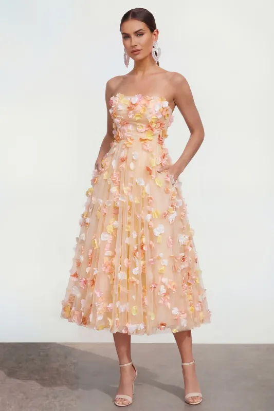 Champagne A Line Strapless Floral Wedding Guest Dress with Pockets made by Wedtrend