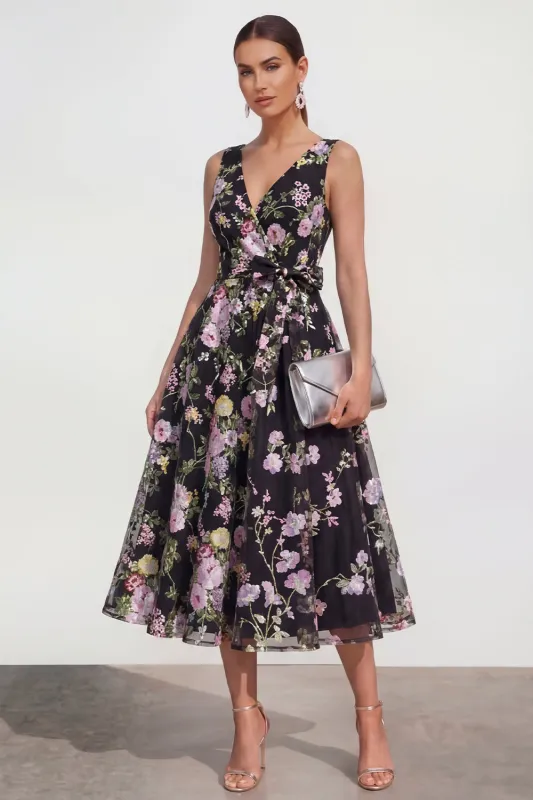 Black Floral A Line V Neck Midi Wedding Guest Dress with Bow made by Wedtrend