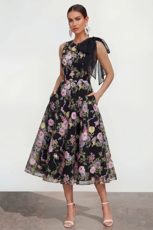 Floral Black Bowed A Line Wedding Guest Dress with Pockets made by Wedtrend