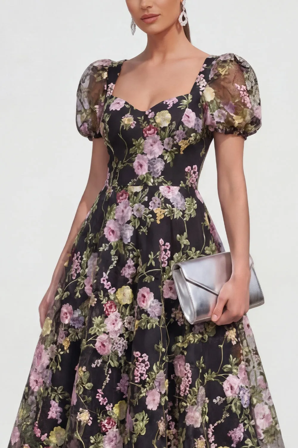 Black A Line Floral Midi Wedding Guest Dress with Short Sleeves sold by Wedtrend product image thumbnail 3