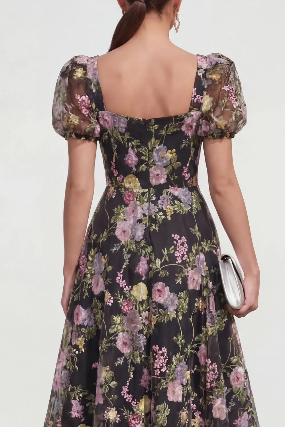Black A Line Floral Midi Wedding Guest Dress with Short Sleeves sold by Wedtrend product image thumbnail 4