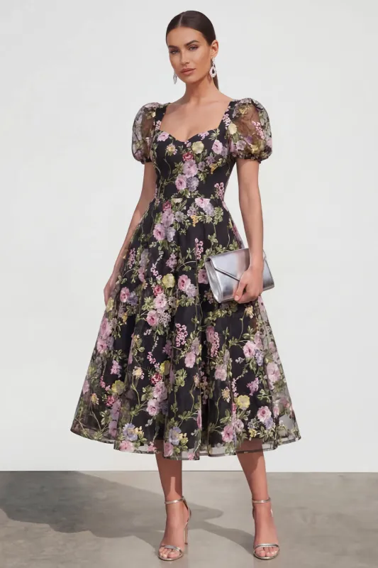 Black A Line Floral Midi Wedding Guest Dress with Short Sleeves made by Wedtrend