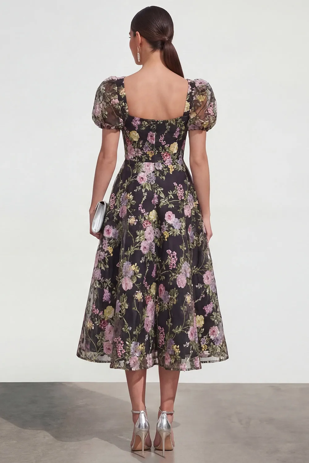 Black A Line Floral Midi Wedding Guest Dress with Short Sleeves sold by Wedtrend product image thumbnail 2