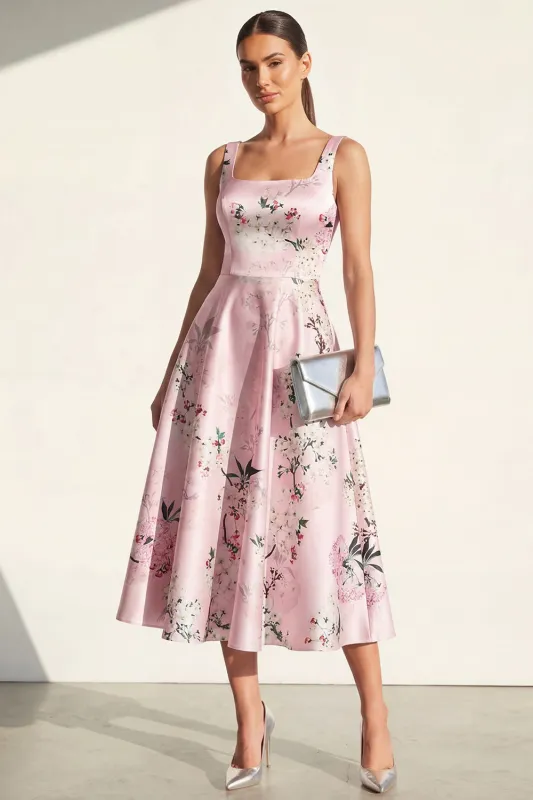 Pink Printed Satin A Line Midi Wedding Guest Dress made by Wedtrend