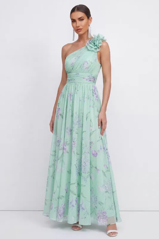 One Shoulder A Line Green Floral Wedding Guest Dress with 3D Flower made by Wedtrend
