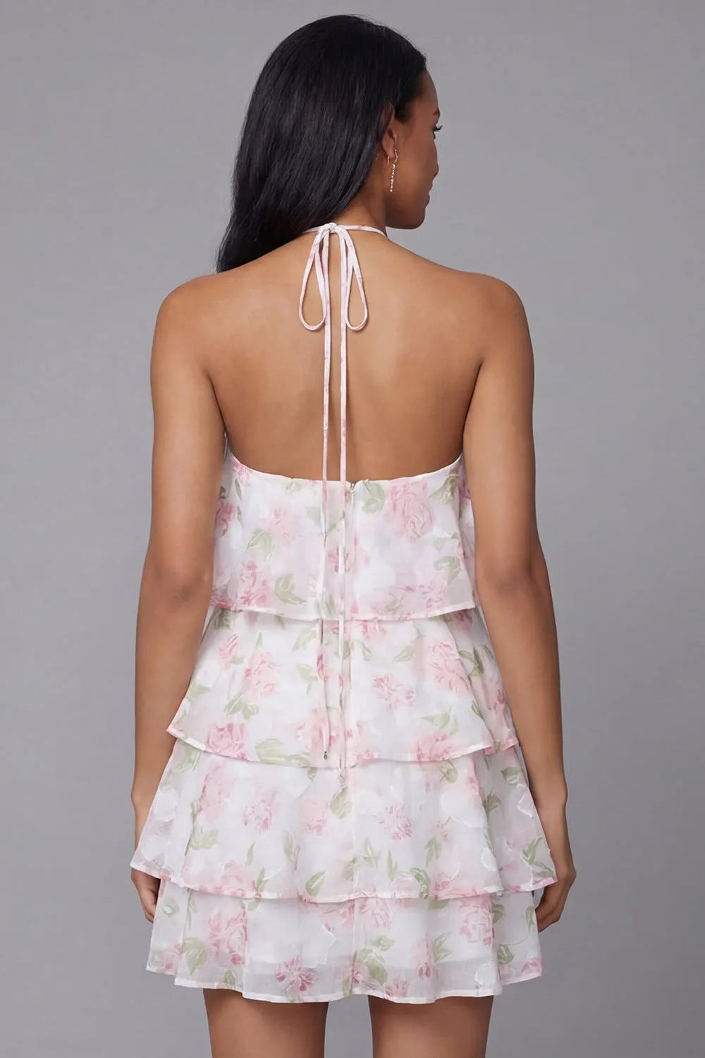 Floral Pink Halter Tiered Mini Dress sold by Wedtrend product image thumbnail 2