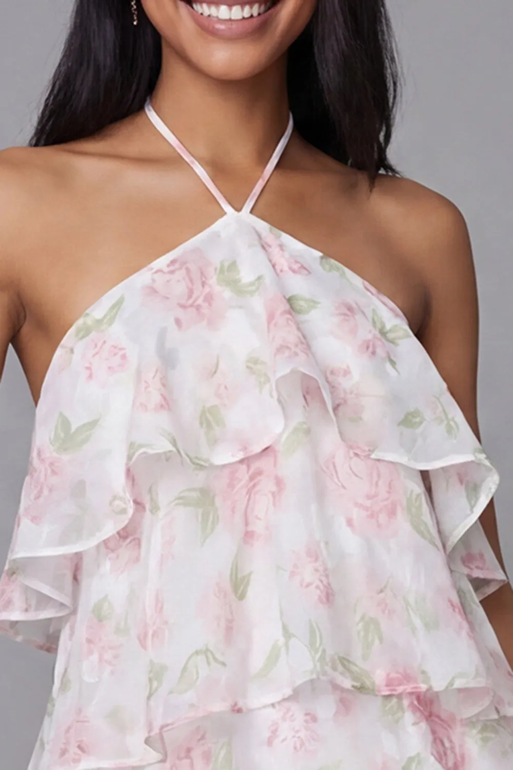 Floral Pink Halter Tiered Mini Dress sold by Wedtrend product image thumbnail 3