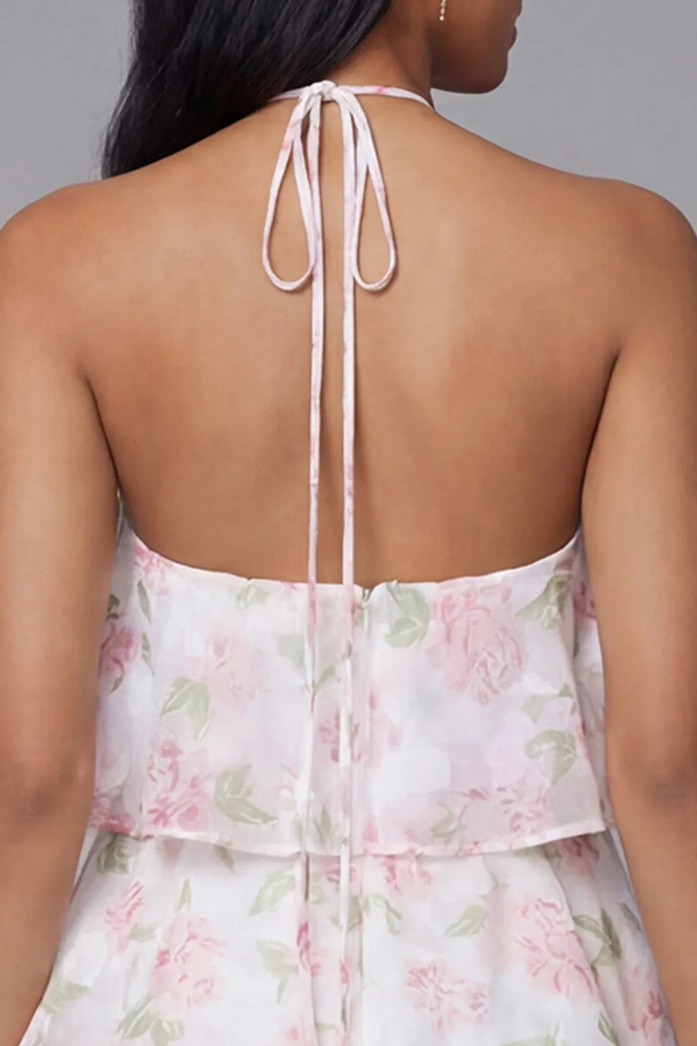 Floral Pink Halter Tiered Mini Dress sold by Wedtrend product image thumbnail 4