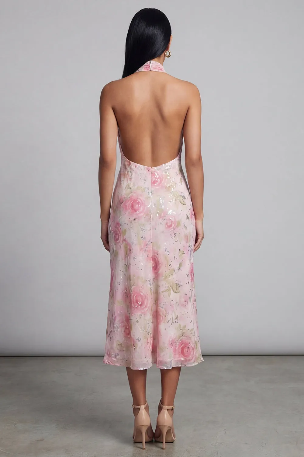 Pink Halter Floral Backless Midi Wedding Guest Dress with Slit sold by Wedtrend product image thumbnail 2