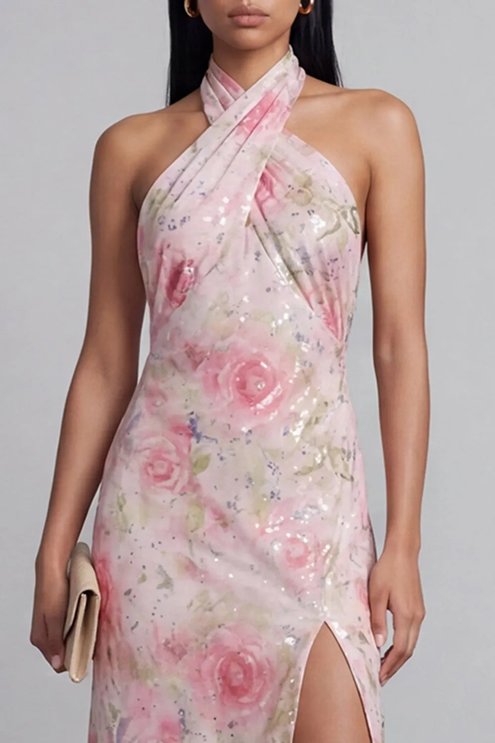 Pink Halter Floral Backless Midi Wedding Guest Dress with Slit sold by Wedtrend product image thumbnail 3