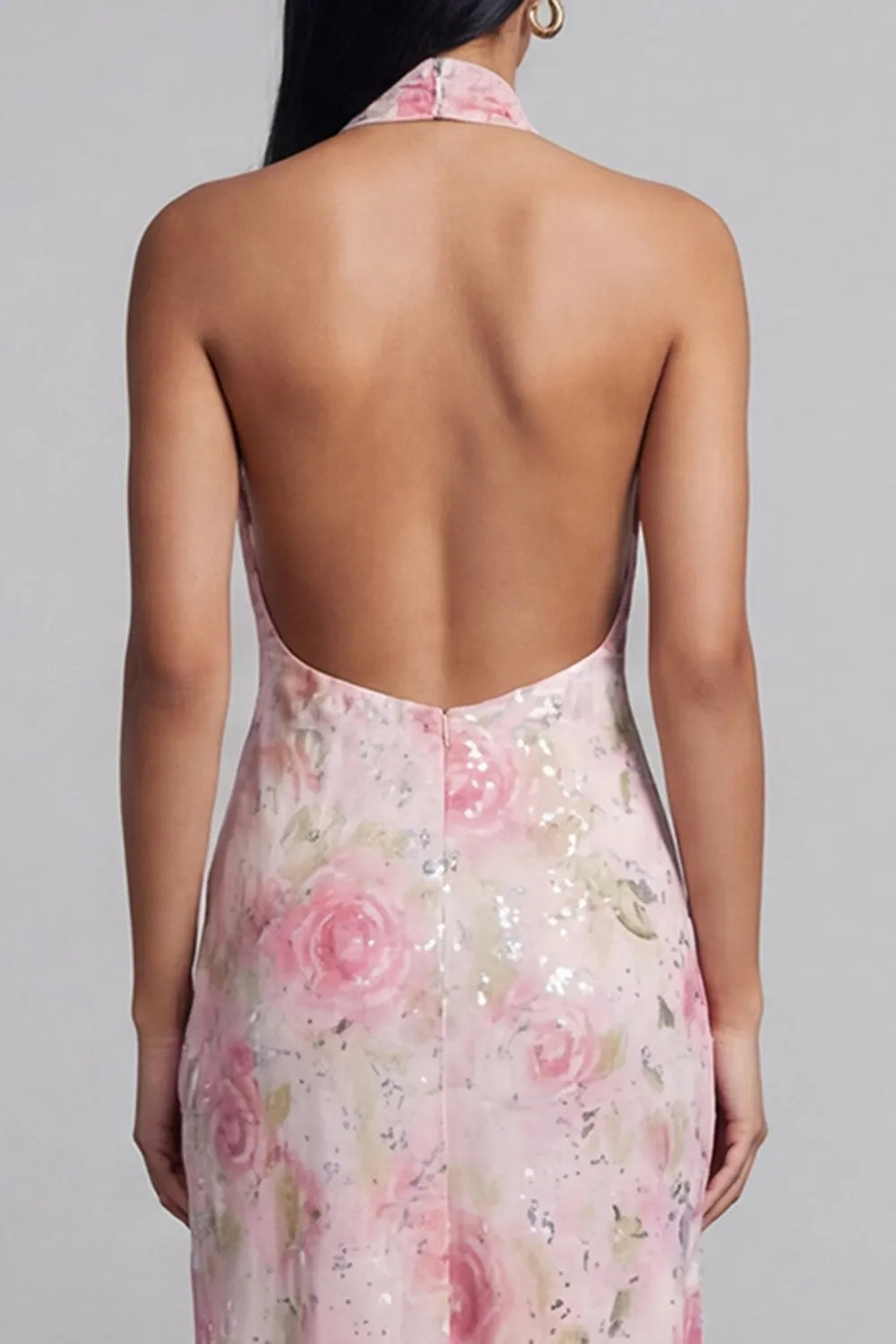 Pink Halter Floral Backless Midi Wedding Guest Dress with Slit sold by Wedtrend product image thumbnail 4