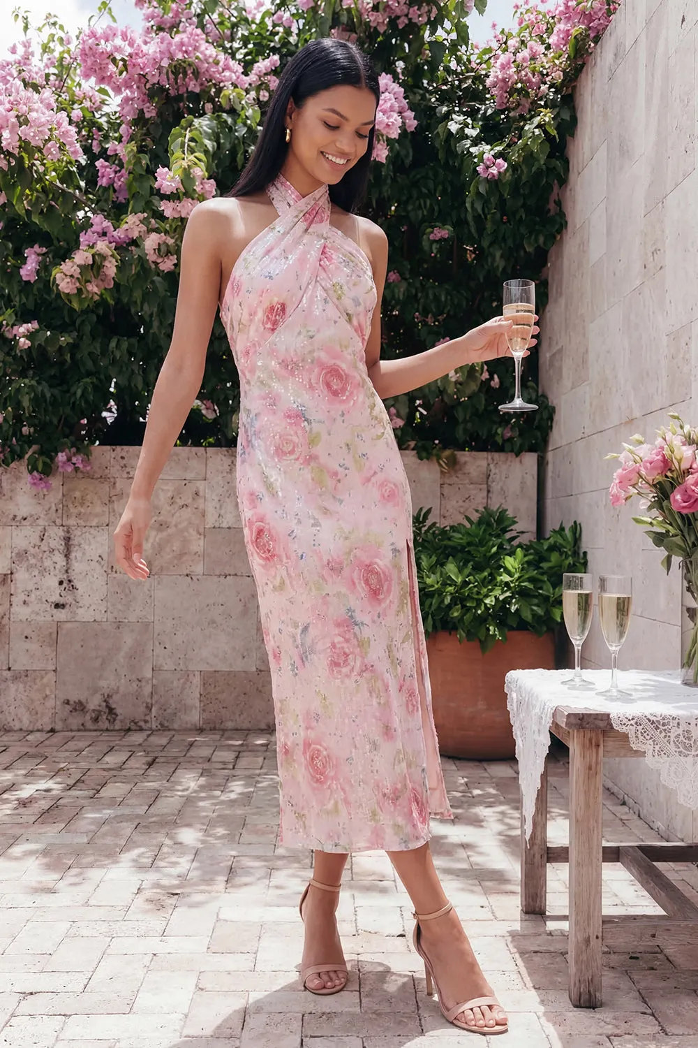Pink Halter Floral Backless Midi Wedding Guest Dress with Slit sold by Wedtrend