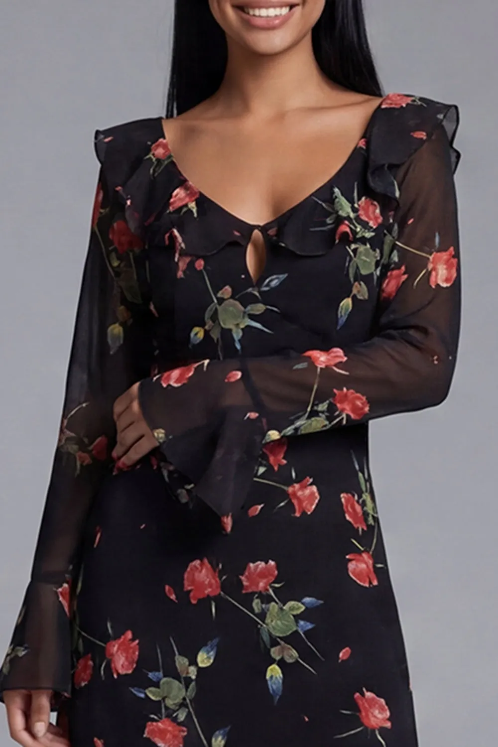 Black Floral Ruffled A Line Midi Wedding Guest Dress with Long Sleeves sold by Wedtrend product image thumbnail 3