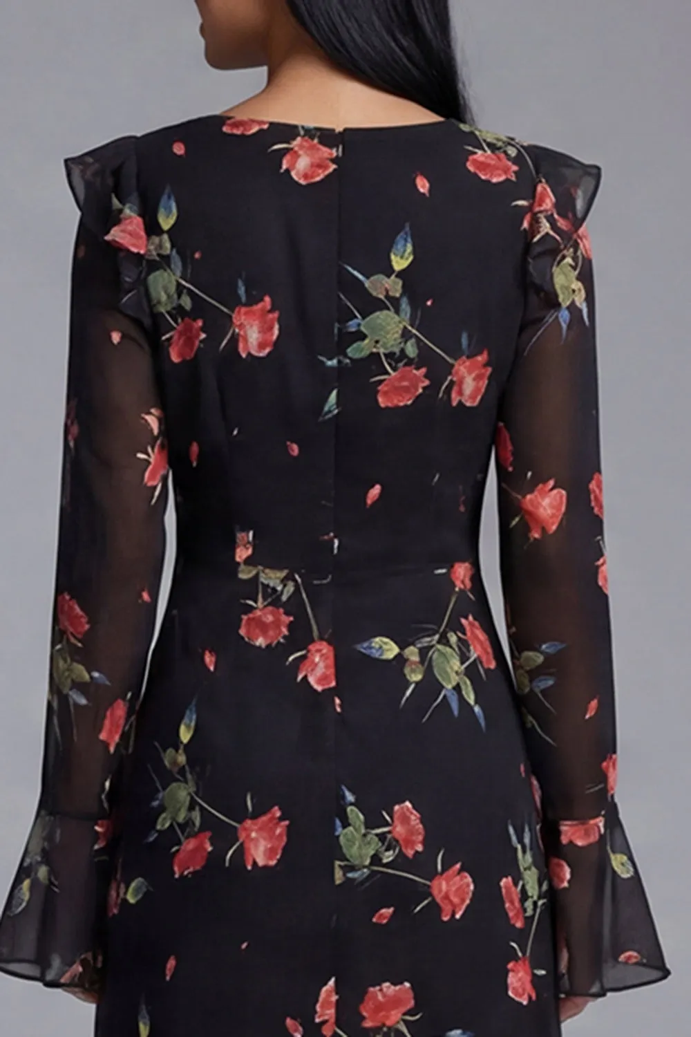 Black Floral Ruffled A Line Midi Wedding Guest Dress with Long Sleeves sold by Wedtrend product image thumbnail 4
