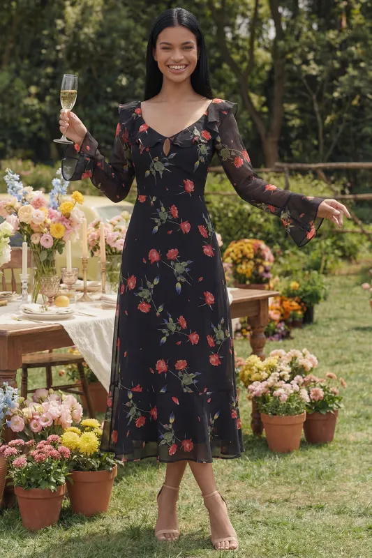 Black Floral Ruffled A Line Midi Wedding Guest Dress with Long Sleeves made by Wedtrend