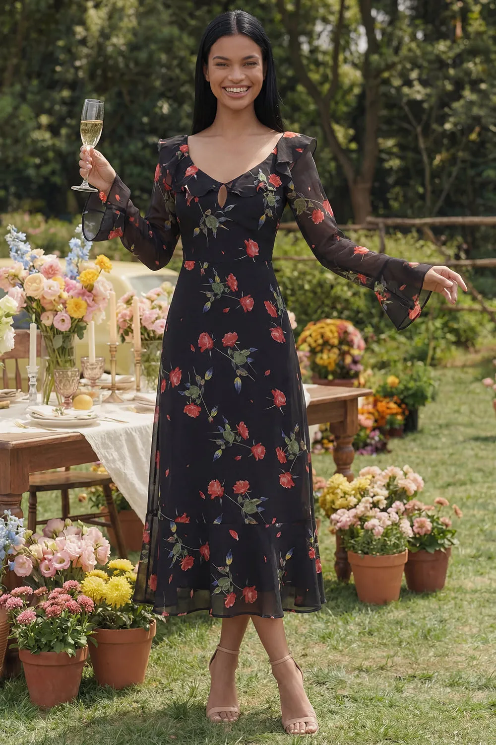 Black Floral Ruffled A Line Midi Wedding Guest Dress with Long Sleeves sold by Wedtrend