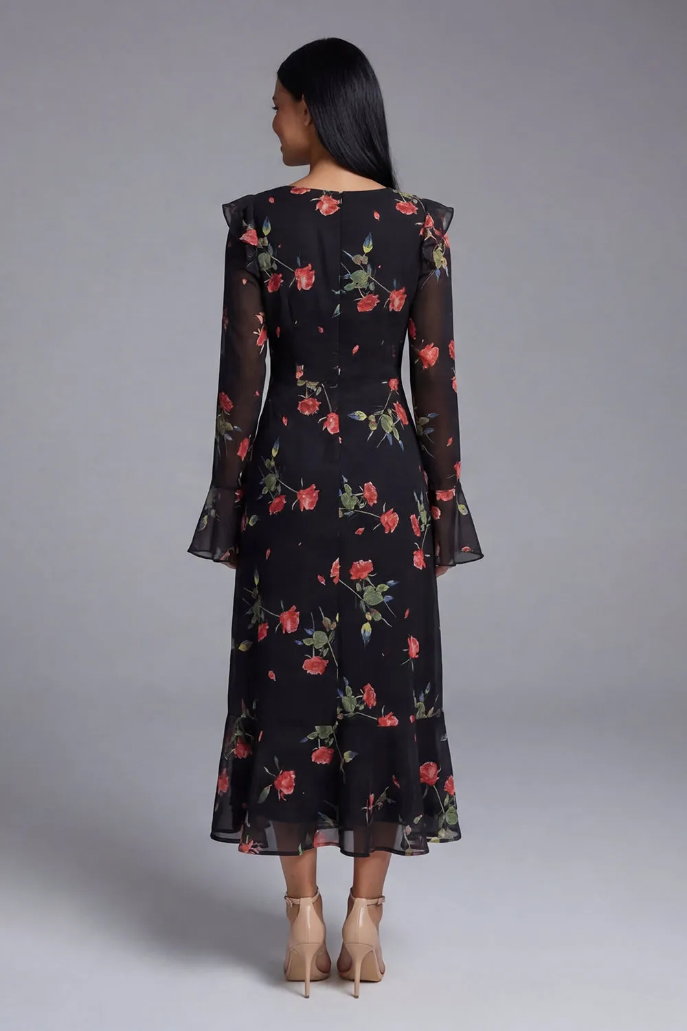 Black Floral Ruffled A Line Midi Wedding Guest Dress with Long Sleeves sold by Wedtrend product image thumbnail 2