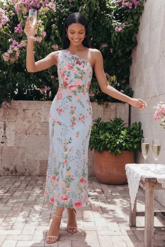 One Shoulder Blue Floral Mermaid Midi Wedding Guest Dress made by Wedtrend