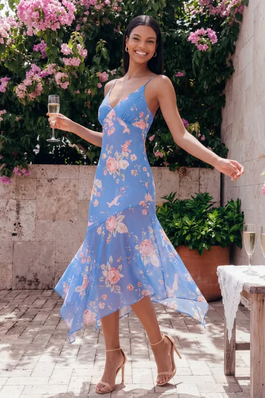 Blue Floral Spaghetti Straps A Line Midi Wedding Guest Dress made by Wedtrend
