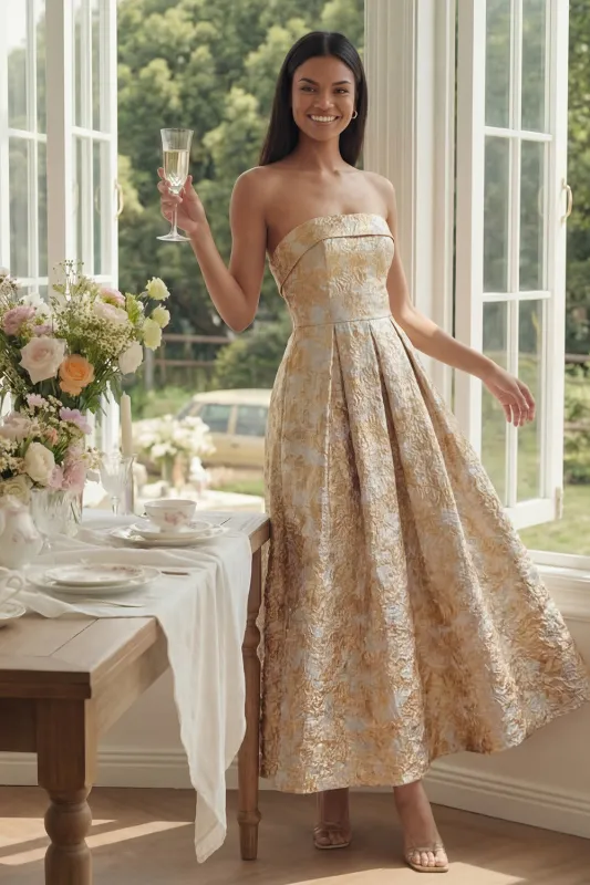 Strapless Gold Floral Jacquard A Line Midi Wedding Guest Dress made by Wedtrend