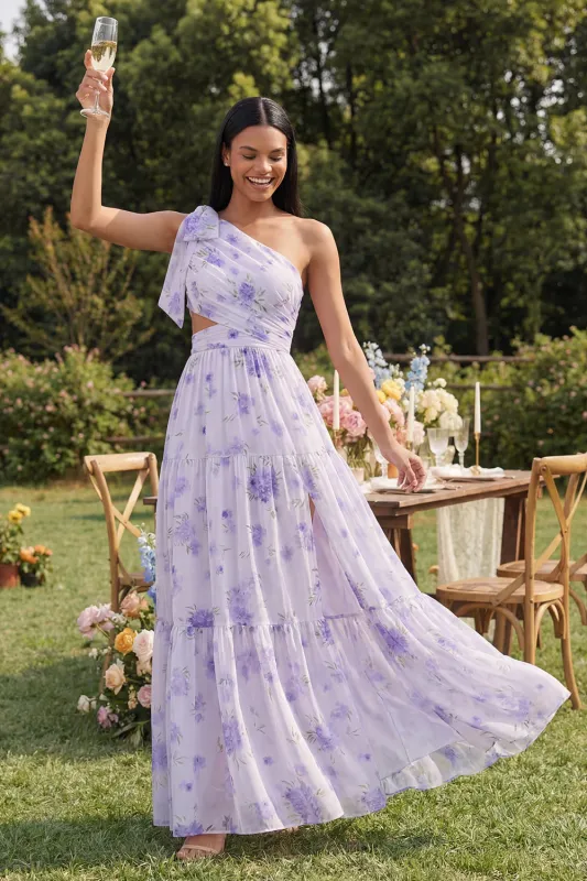 One Shoulder Bowed Cut Out Floral A Line Lilac Wedding Guest Dress made by Wedtrend
